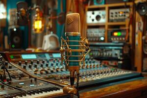 Professional microphone studio podcast stream interview platform radio with micrecording voice singing in bright record studio audio quality equipment content music media entertainment photo