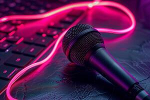 Professional microphone studio podcast stream interview platform radio with micrecording voice singing in bright record studio audio quality equipment content music media entertainment photo