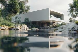 A large house with a pool and a lot of windows. The house is very modern and has a lot of natural light coming in photo