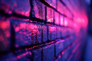 A brick wall with a pink hue and a blurry background. Neon lights. The wall appears to be wet and has a shiny, reflective surface. Scene is one of mystery and intrigue, as the blurry photo