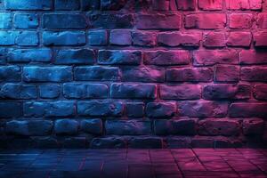 A brick wall with a pink hue and a blurry background. Neon lights. The wall appears to be wet and has a shiny, reflective surface. Scene is one of mystery and intrigue, as the blurry photo