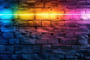 A brick wall with a pink hue and a blurry background. Neon lights. The wall appears to be wet and has a shiny, reflective surface. Scene is one of mystery and intrigue, as the blurry photo