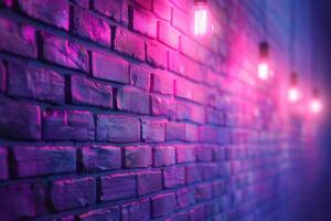A brick wall with a pink hue and a blurry background. Neon lights. The wall appears to be wet and has a shiny, reflective surface. Scene is one of mystery and intrigue, as the blurry photo