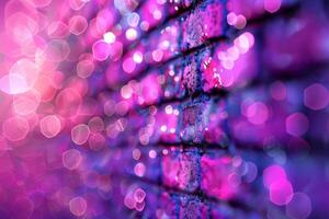 A brick wall with a pink hue and a blurry background. Neon lights. The wall appears to be wet and has a shiny, reflective surface. Scene is one of mystery and intrigue, as the blurry photo
