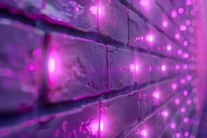 A brick wall with a pink hue and a blurry background. Neon lights. The wall appears to be wet and has a shiny, reflective surface. Scene is one of mystery and intrigue, as the blurry photo
