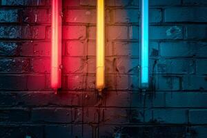 A brick wall with a pink hue and a blurry background. Neon lights. The wall appears to be wet and has a shiny, reflective surface. Scene is one of mystery and intrigue, as the blurry photo