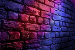 A brick wall with a pink hue and a blurry background. Neon lights. The wall appears to be wet and has a shiny, reflective surface. Scene is one of mystery and intrigue, as the blurry photo