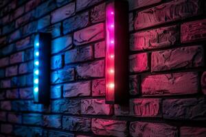 A brick wall with a pink hue and a blurry background. Neon lights. The wall appears to be wet and has a shiny, reflective surface. Scene is one of mystery and intrigue, as the blurry photo