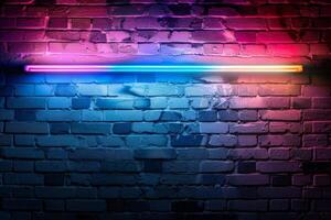 A brick wall with a pink hue and a blurry background. Neon lights. The wall appears to be wet and has a shiny, reflective surface. Scene is one of mystery and intrigue, as the blurry photo
