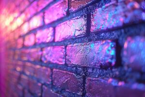 A brick wall with a pink hue and a blurry background. Neon lights. The wall appears to be wet and has a shiny, reflective surface. Scene is one of mystery and intrigue, as the blurry photo