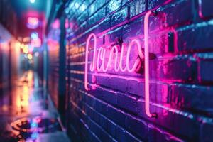 A brick wall with a pink hue and a blurry background. Neon lights. The wall appears to be wet and has a shiny, reflective surface. Scene is one of mystery and intrigue, as the blurry photo