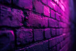 A brick wall with a pink hue and a blurry background. Neon lights. The wall appears to be wet and has a shiny, reflective surface. Scene is one of mystery and intrigue, as the blurry photo