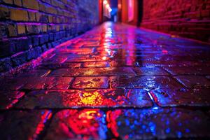 A brick wall with a pink hue and a blurry background. Neon lights. The wall appears to be wet and has a shiny, reflective surface. Scene is one of mystery and intrigue, as the blurry photo