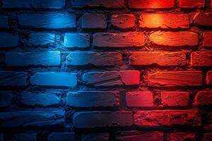 A brick wall with a pink hue and a blurry background. Neon lights. The wall appears to be wet and has a shiny, reflective surface. Scene is one of mystery and intrigue, as the blurry photo