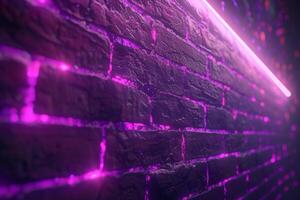 A brick wall with a pink hue and a blurry background. Neon lights. The wall appears to be wet and has a shiny, reflective surface. Scene is one of mystery and intrigue, as the blurry photo