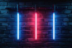 A brick wall with a pink hue and a blurry background. Neon lights. The wall appears to be wet and has a shiny, reflective surface. Scene is one of mystery and intrigue, as the blurry photo