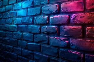 A brick wall with a pink hue and a blurry background. Neon lights. The wall appears to be wet and has a shiny, reflective surface. Scene is one of mystery and intrigue, as the blurry photo