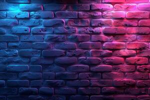A brick wall with a pink hue and a blurry background. Neon lights. The wall appears to be wet and has a shiny, reflective surface. Scene is one of mystery and intrigue, as the blurry photo
