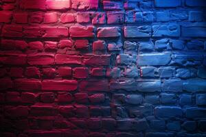 A brick wall with a pink hue and a blurry background. Neon lights. The wall appears to be wet and has a shiny, reflective surface. Scene is one of mystery and intrigue, as the blurry photo
