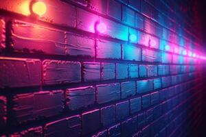 A brick wall with a pink hue and a blurry background. Neon lights. The wall appears to be wet and has a shiny, reflective surface. Scene is one of mystery and intrigue, as the blurry photo