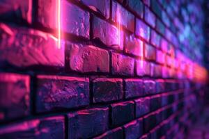 A brick wall with a pink hue and a blurry background. Neon lights. The wall appears to be wet and has a shiny, reflective surface. Scene is one of mystery and intrigue, as the blurry photo