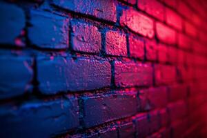 A brick wall with a pink hue and a blurry background. Neon lights. The wall appears to be wet and has a shiny, reflective surface. Scene is one of mystery and intrigue, as the blurry photo