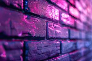 A brick wall with a pink hue and a blurry background. Neon lights. The wall appears to be wet and has a shiny, reflective surface. Scene is one of mystery and intrigue, as the blurry photo