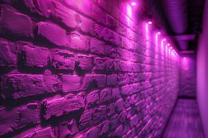 A brick wall with a pink hue and a blurry background. Neon lights. The wall appears to be wet and has a shiny, reflective surface. Scene is one of mystery and intrigue, as the blurry photo