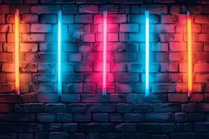 A brick wall with a pink hue and a blurry background. Neon lights. The wall appears to be wet and has a shiny, reflective surface. Scene is one of mystery and intrigue, as the blurry photo
