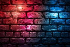A brick wall with a pink hue and a blurry background. Neon lights. The wall appears to be wet and has a shiny, reflective surface. Scene is one of mystery and intrigue, as the blurry photo