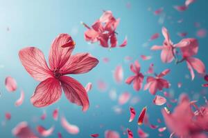 A beautiful pink flower with a blue sky in the background. The flower is in full bloom and the sky is clear and bright photo