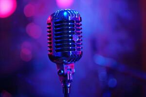 Professional microphone studio podcast stream interview platform radio with micrecording voice singing in bright record studio audio quality equipment content music media entertainment photo