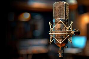 Professional microphone studio podcast stream interview platform radio with micrecording voice singing in bright record studio audio quality equipment content music media entertainment photo