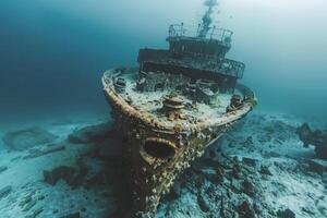 A shipwreck is seen in the ocean with a lot of debris and fish swimming around it. Scene is eerie and mysterious, as the ship is long gone and the ocean is filled with life photo