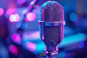 Professional microphone studio podcast stream interview platform radio with micrecording voice singing in bright record studio audio quality equipment content music media entertainment photo