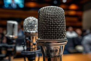 Professional microphone studio podcast stream interview platform radio with micrecording voice singing in bright record studio audio quality equipment content music media entertainment photo