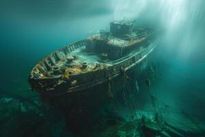 A shipwreck is seen in the ocean with a lot of debris and fish swimming around it. Scene is eerie and mysterious, as the ship is long gone and the ocean is filled with life photo