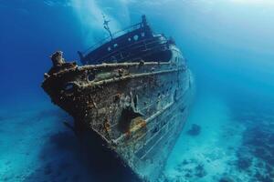 A shipwreck is seen in the ocean with a lot of debris and fish swimming around it. Scene is eerie and mysterious, as the ship is long gone and the ocean is filled with life photo