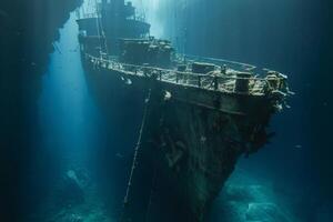 A shipwreck is seen in the ocean with a lot of debris and fish swimming around it. Scene is eerie and mysterious, as the ship is long gone and the ocean is filled with life photo