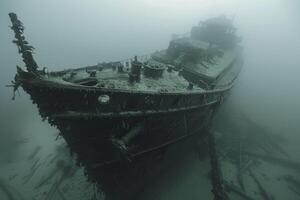 A shipwreck is seen in the ocean with a lot of debris and fish swimming around it. Scene is eerie and mysterious, as the ship is long gone and the ocean is filled with life photo