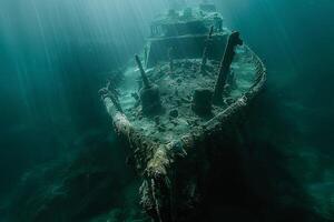 A shipwreck is seen in the ocean with a lot of debris and fish swimming around it. Scene is eerie and mysterious, as the ship is long gone and the ocean is filled with life photo