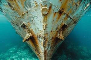 A shipwreck is seen in the ocean with a lot of debris and fish swimming around it. Scene is eerie and mysterious, as the ship is long gone and the ocean is filled with life photo