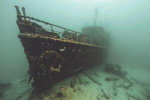 A shipwreck is seen in the ocean with a lot of debris and fish swimming around it. Scene is eerie and mysterious, as the ship is long gone and the ocean is filled with life photo