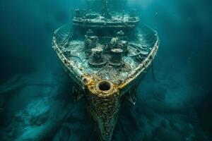 A shipwreck is seen in the ocean with a lot of debris and fish swimming around it. Scene is eerie and mysterious, as the ship is long gone and the ocean is filled with life photo