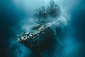 A shipwreck is seen in the ocean with a lot of debris and fish swimming around it. Scene is eerie and mysterious, as the ship is long gone and the ocean is filled with life photo