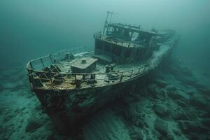 A shipwreck is seen in the ocean with a lot of debris and fish swimming around it. Scene is eerie and mysterious, as the ship is long gone and the ocean is filled with life photo