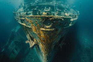 A shipwreck is seen in the ocean with a lot of debris and fish swimming around it. Scene is eerie and mysterious, as the ship is long gone and the ocean is filled with life photo