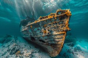 A shipwreck is seen in the ocean with a lot of debris and fish swimming around it. Scene is eerie and mysterious, as the ship is long gone and the ocean is filled with life photo