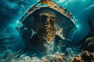 A shipwreck is seen in the ocean with a lot of debris and fish swimming around it. Scene is eerie and mysterious, as the ship is long gone and the ocean is filled with life photo