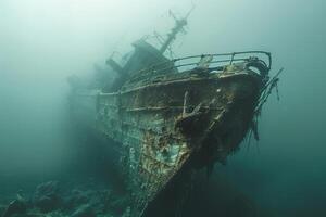A shipwreck is seen in the ocean with a lot of debris and fish swimming around it. Scene is eerie and mysterious, as the ship is long gone and the ocean is filled with life photo
